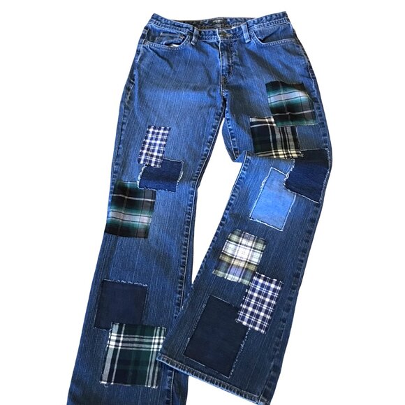 Flannel Patchwork Jeans, 8: Upcycled Flared Grunge Hippie Jeans, Funky Pants - Picture 12 of 15